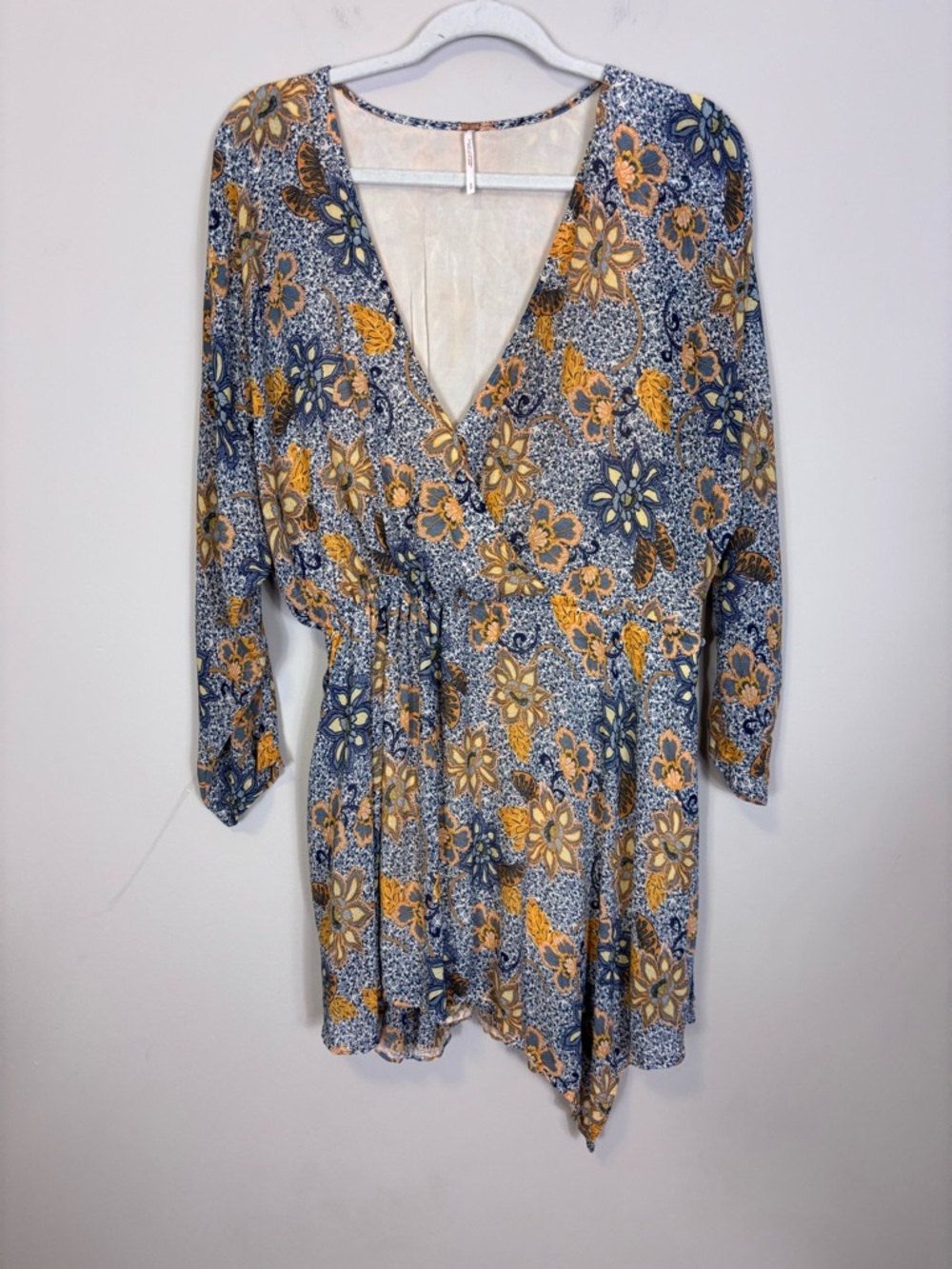 Free People Blue & Mustard Floral V-Neck Tunic Top Small